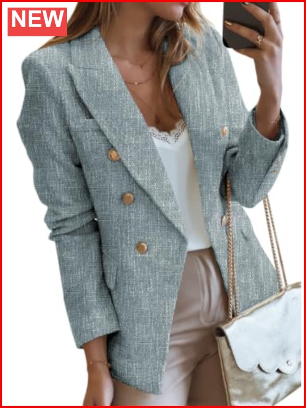 Tweed Blazer Double Breasted Open Front Business Casual Work Jacket